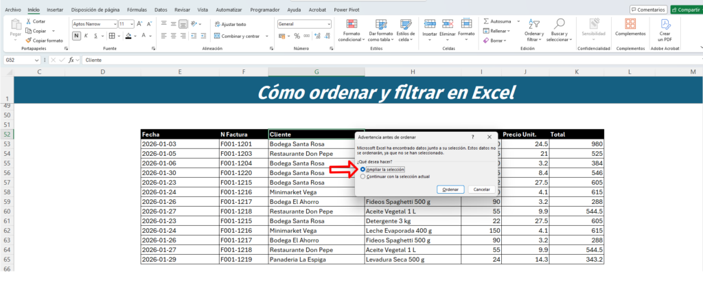 Cuadro de advertencia de Excel preguntando si desea ampliar la selección al ordenar datos
