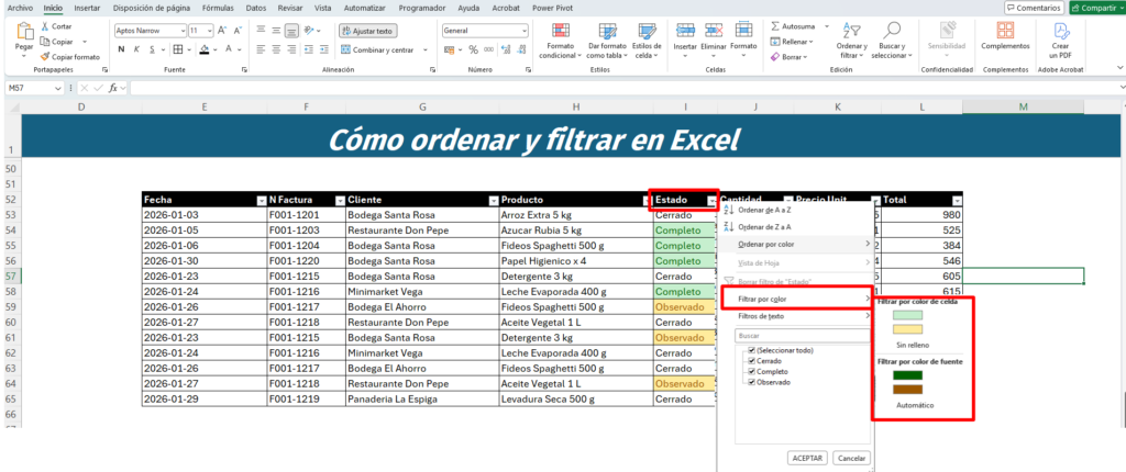 Menú desplegable de Excel mostrando la opción de filtrar celdas por color de relleno o fuente