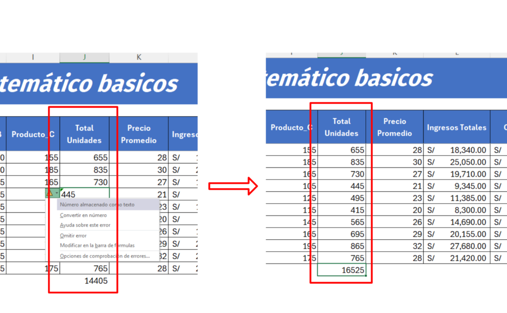 Celda de Excel con números almacenados como texto mostrando una advertencia verde